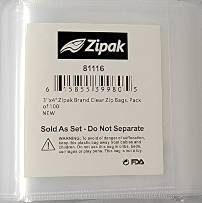 Zipak 3"x4" Clear Zip Bags 100ct