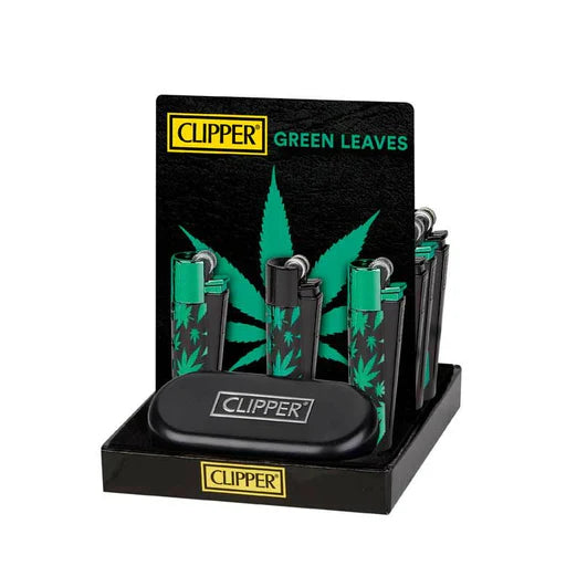 Clipper Metal Green Leaves Lighter - Display 12ct + Case